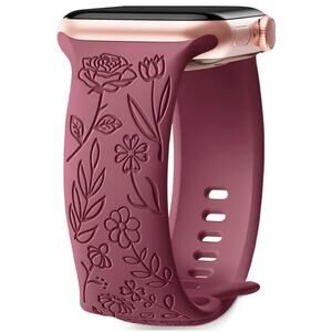 Unbranded Apple iWatch 9/8/7 SE Engraved Rose Floral 34mm Silicone Watch Band
